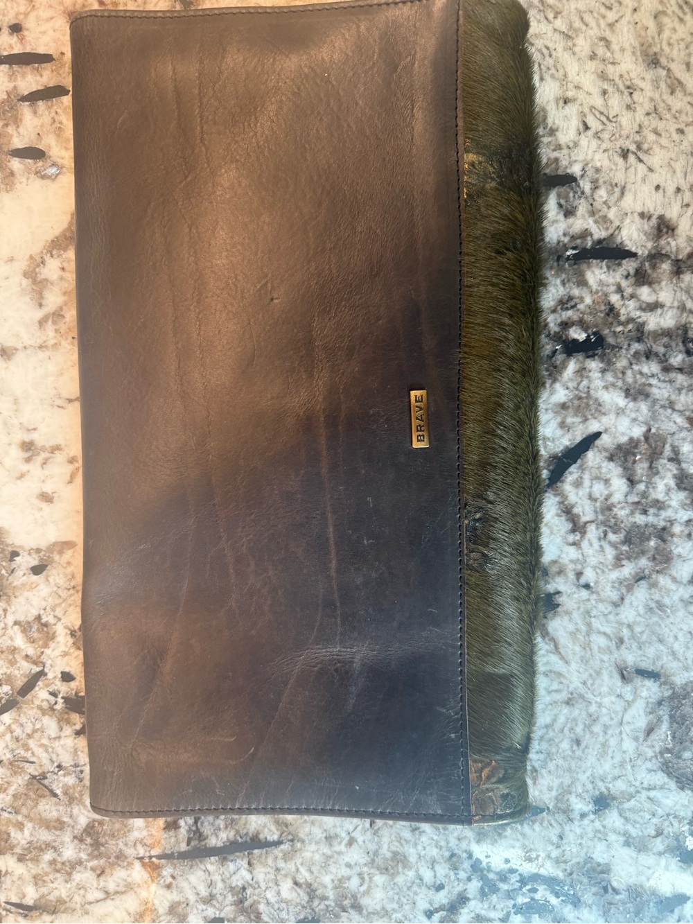 Brave Brown Leather/Olive Fur Foldover Clutch with Gold Leafing accent
